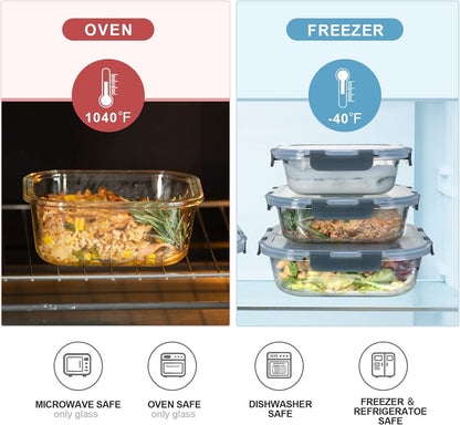 Glass Food Storage Containers with Lids Airtight, Glass Meal Prep Containers for Lunch Food, Container Set, Easy to Open& Close/Microwave,Oven,Freezer,Dishwasher Safe/Leak-Proof（20 Pieces）