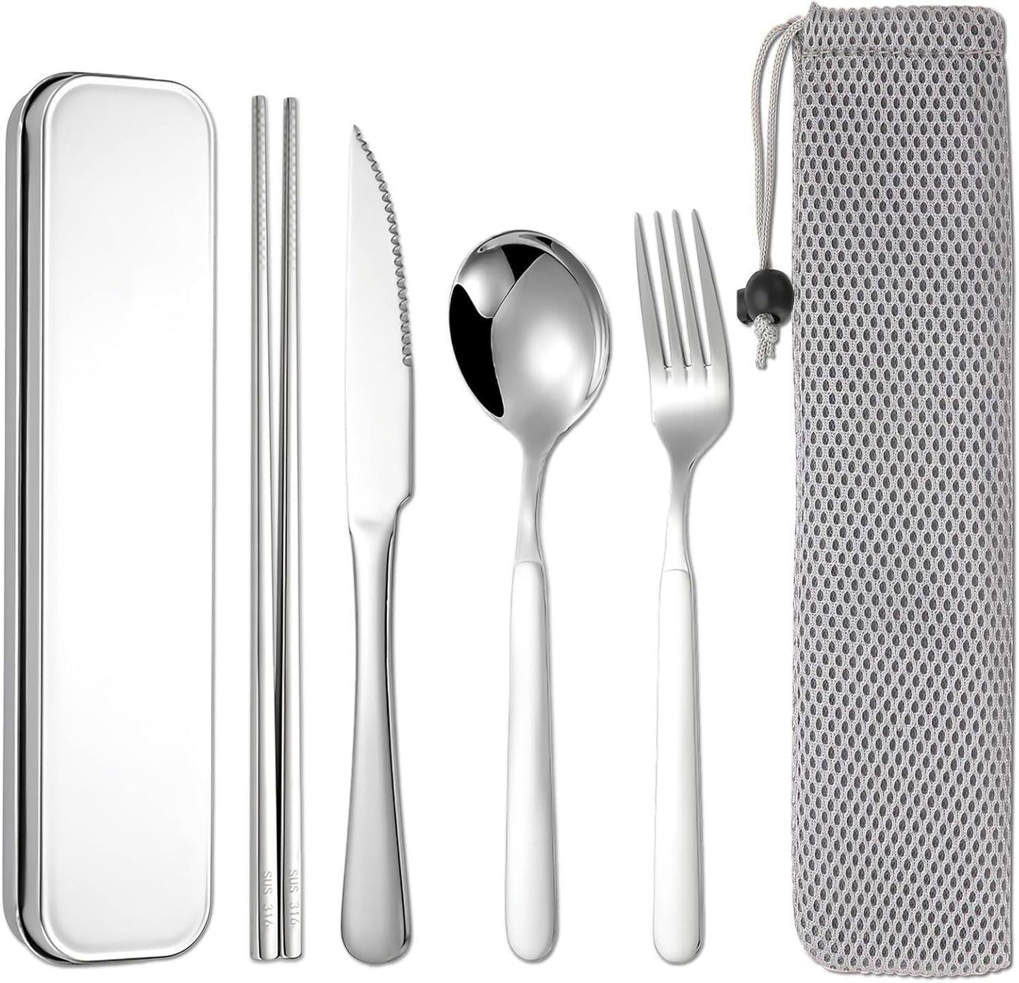 316 Stainless Steel Travel Utensils Set with Case - Food Grade Reusable Cutlery for Work, Camping, Picnic, Lunch Box - Include Fork, Knife, Spoon, Chopsticks