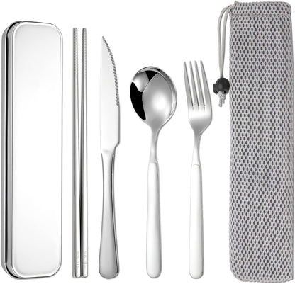316 Stainless Steel Travel Utensils Set with Case - Food Grade Reusable Cutlery for Work, Camping, Picnic, Lunch Box - Include Fork, Knife, Spoon, Chopsticks