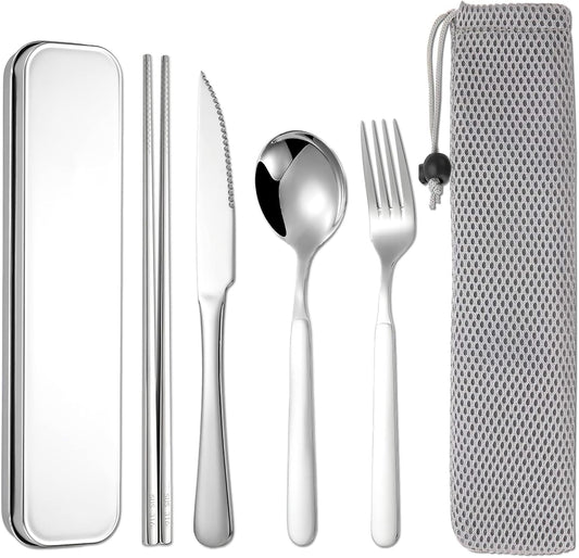 316 Stainless Steel Travel Utensils Set with Case - Food Grade Reusable Cutlery for Work, Camping, Picnic, Lunch Box - Include Fork, Knife, Spoon, Chopsticks