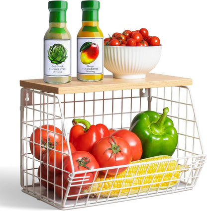 White Fruit Bowl Wire Basket Storage Pantry Fruit and Vegetable Storage Fruit Basket for Kitchen Counter Stackable Wall Mounted Hanging Basket Wire Basket with Wood Lid with Hanger Hooks