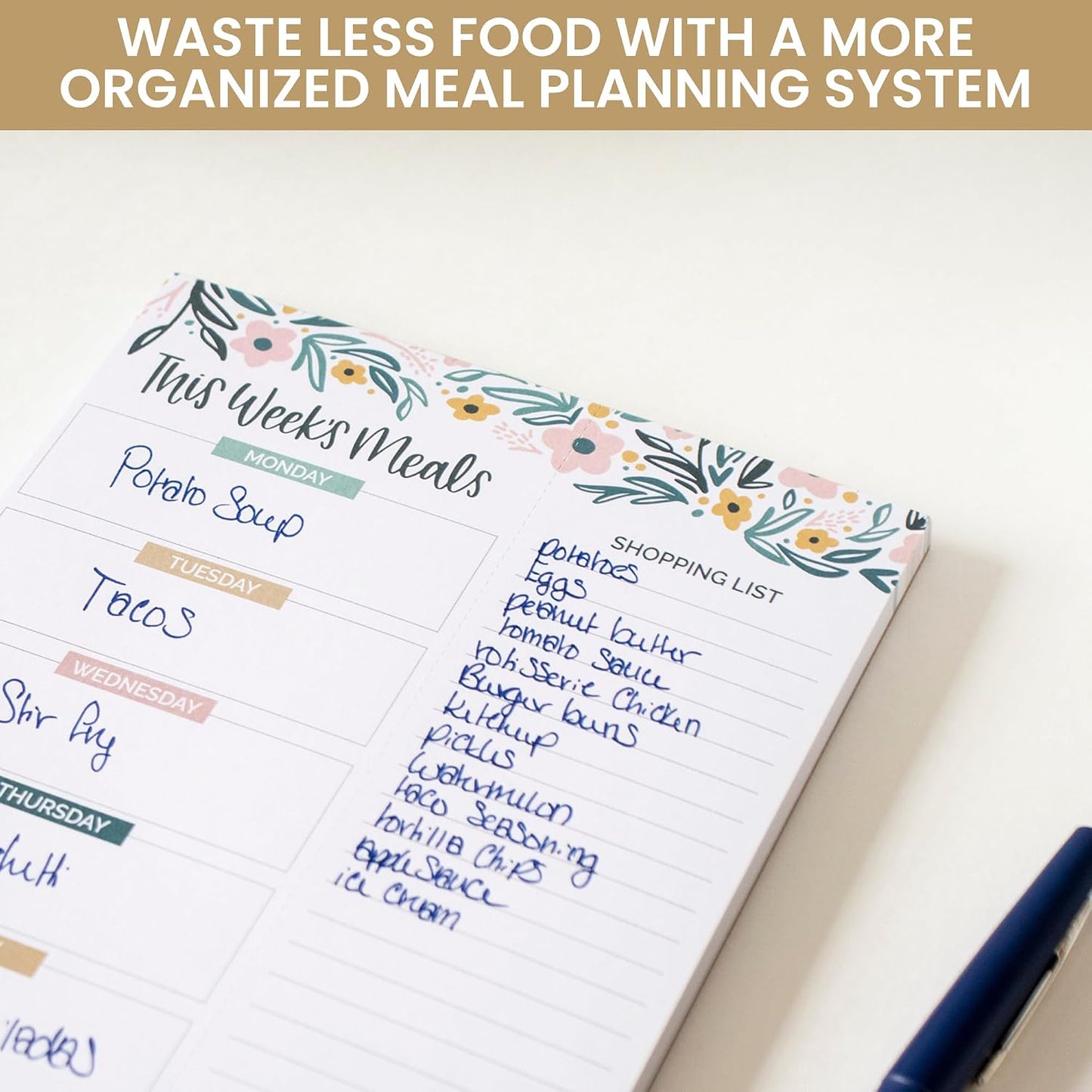 bloom daily planners Weekly Meal Planning Pad - Magnetic Hanging Refrigerator Menu Planner with Tear-Off Sheets & Perforated Grocery Shopping Lists - 6” x 9” (Grey & Pink)