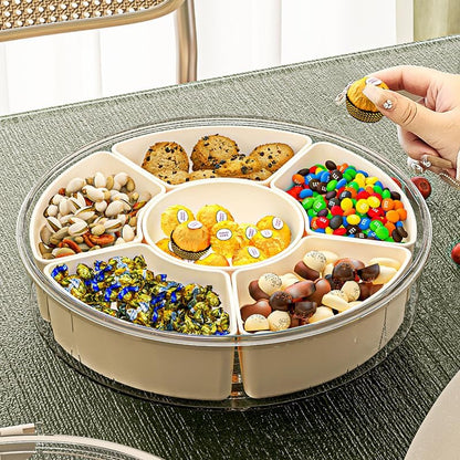 Rotating Fruit Storage Container with Lid, 6-Section Snack Organizer, Airtight Tray with Handle for Fruits, Nuts, Candy