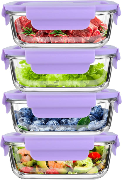 FEOOWV 4Pack 13oz/0.37L Glass Meal Prep Containers with Lids, Glass Storage Containers with Lids, BPA-Free, Pantry Organizers and Storage, Freezer to Oven Safe (Pink)