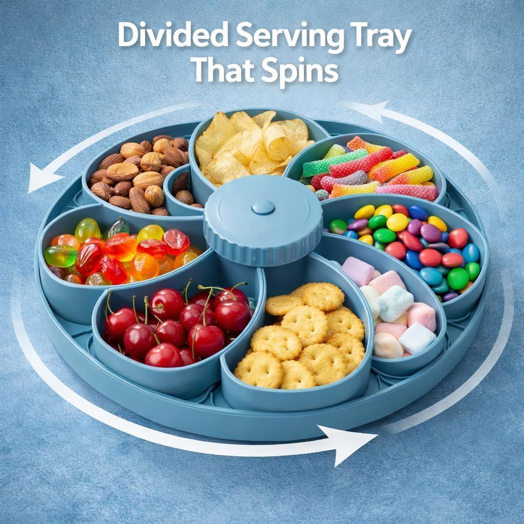 Divided Rotating Snack Tray with Lid, 5 Section Snack Serving Container for Party, Movie Night, Picnic & Travel, Fruit and Veggie Tray Organizer with Spin Design (Gray)