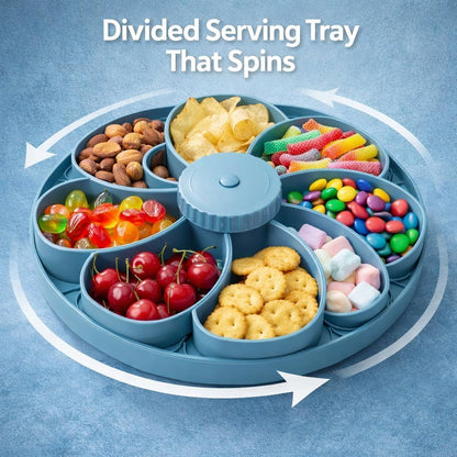 Divided Rotating Snack Tray with Lid, 5 Section Snack Serving Container for Party, Movie Night, Picnic & Travel, Fruit and Veggie Tray Organizer with Spin Design (Gray)
