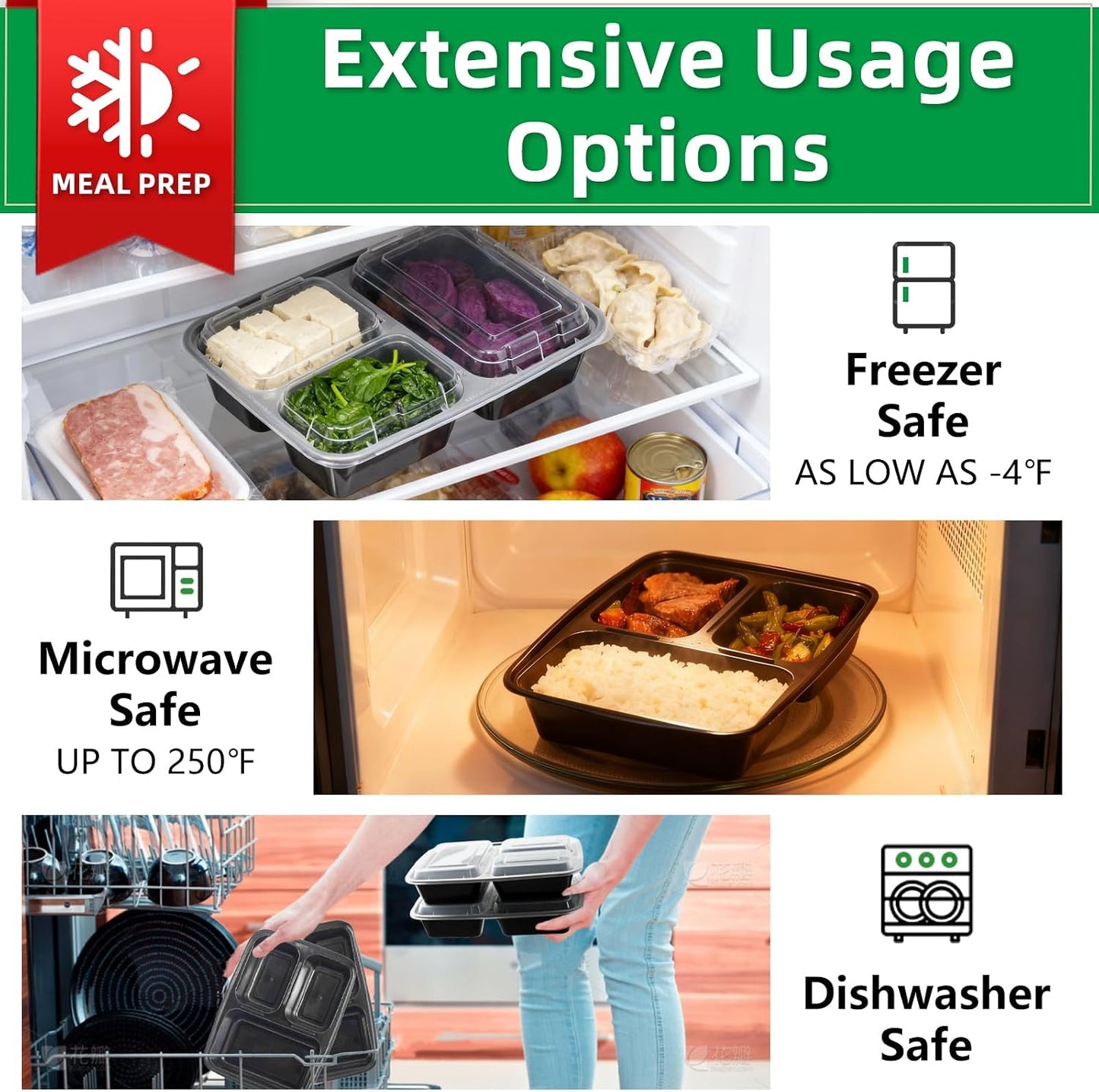 Meal Prep Containers 2 Compartment 15 Pack, 28 oz Divided Reusable Food Storage Containers with Lids Takeout Food Storage Containers Black, Microwave Dishwasher Freezer Safe, Stackable, BPA Free