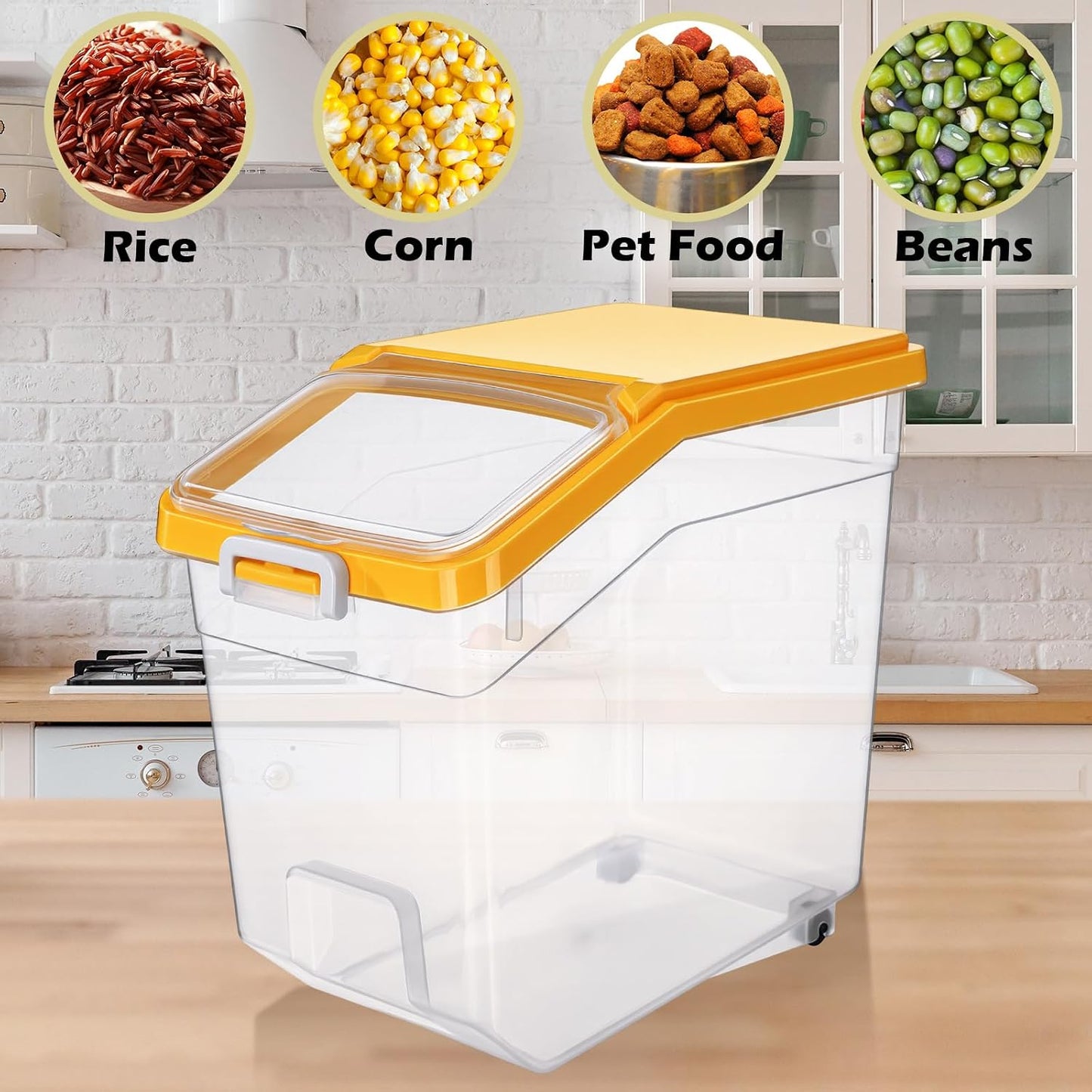 Sunnyray 4 Pcs Rice Storage Container 22 lb Airtight Flour Container with Wheels Measuring Cup Clear Pet Food Cube Dog Cat Birds Food Bin Grain Cereal Organizer Box for Dry Baking Supplies(White Lid)
