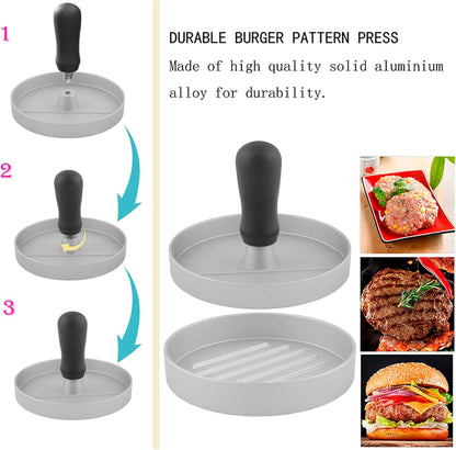 Aluminum Burger Press Patty Maker with 200 Non-Stick Papers - Commercial & Home Use, Hamburger Meat Press Tool, Dishwasher Safe (Black)