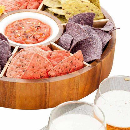 Restaurantware Chips and Dip Bowl Salsa Serving Platter Wooden Chip Dip Bowl - 12" - Acacia Wood & Porcelain Dip Bowl - Snacks Chips Hummus - 1ct Box