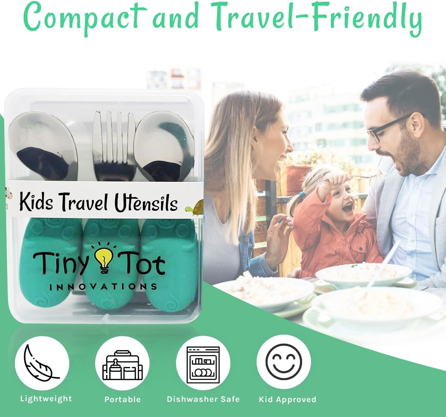 Kids Travel Utensil Set with Case. Include Fork, Universal Spoon, & Ergonomic Right Handed Spoon. Easy grip handles, 304 stainless utensils, feet to keep the utensils off surfaces.