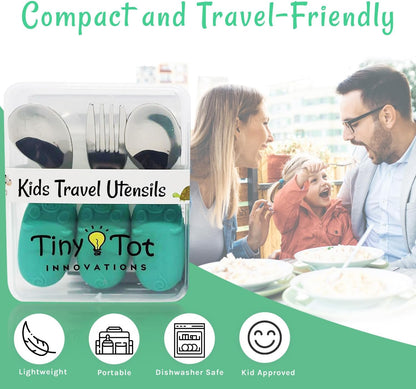 Kids Travel Utensil Set with Case. Include Fork, Universal Spoon, & Ergonomic Right Handed Spoon. Easy grip handles, 304 stainless utensils, feet to keep the utensils off surfaces.