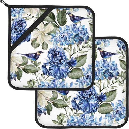 Blue Hydrangea Flowers Bird Pot Holder Set of 2,Heat Resistant Potholders Oven Hot Pads for Kitchen Cooking Baking BBQ