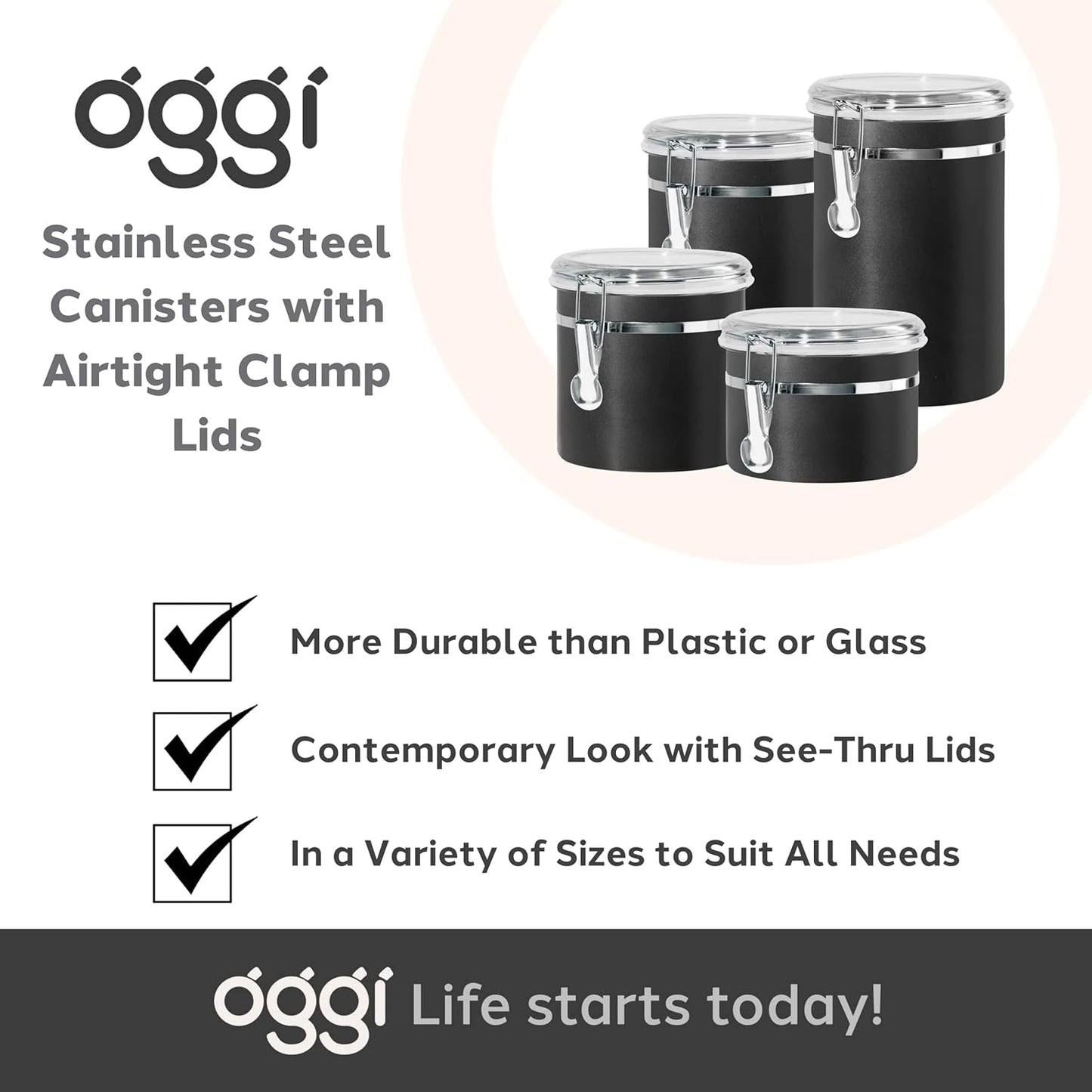Oggi Stainless Steel Kitchen Canister 62 fl oz - Airtight Clamp Lid, Clear See-Thru Top - Ideal for Kitchen Storage, Food Storage, Pantry Storage. Large Size 5" x 7.5".