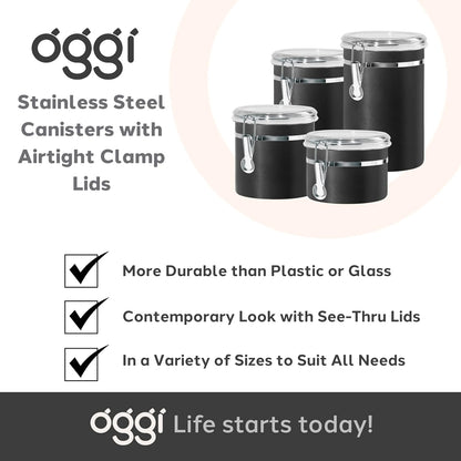 Oggi Stainless Steel Kitchen Canister 62 fl oz - Airtight Clamp Lid, Clear See-Thru Top - Ideal for Kitchen Storage, Food Storage, Pantry Storage. Large Size 5" x 7.5".