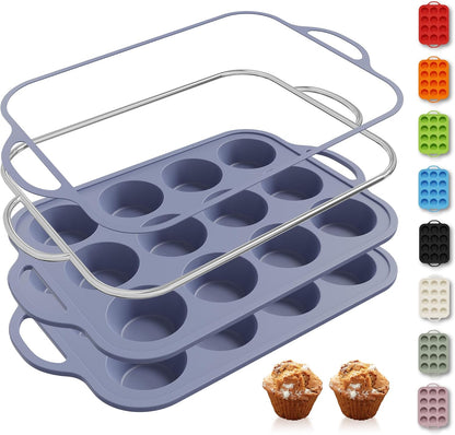 2 Packs 12 Cups Silicone Muffin Pan for Baking with Metal Reinforced Frame Regular Size Cupcake Pan Tray Egg Bites Silicone Cookie Molds Muffin Tin Tart Pans Sheet Set for Oven Dishwasher Safe