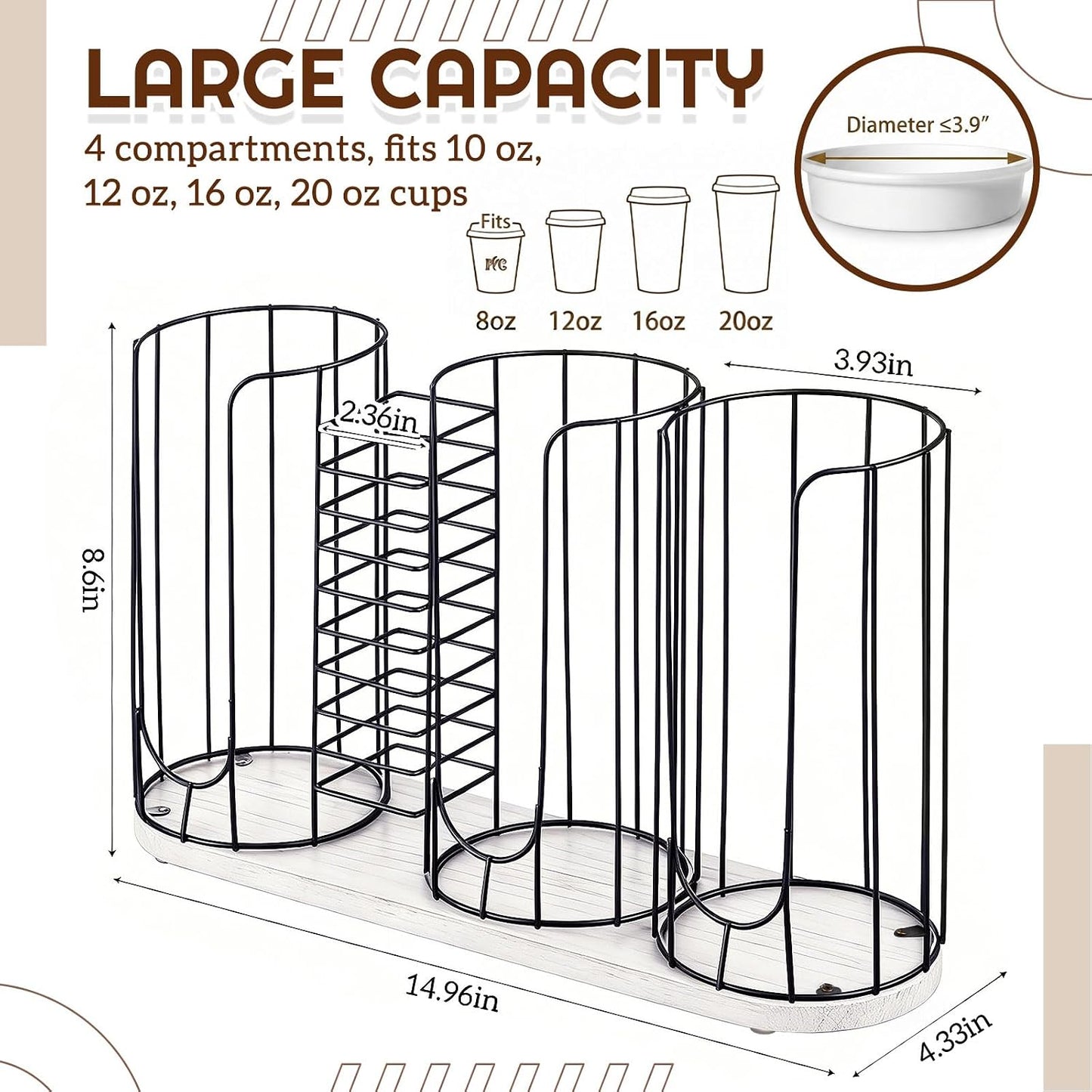 Geelin 18oz Adjustable Coffee Cup Dispenser with Wooden Base, Cup and Lid Holder, Cups Holder Organizer for Coffee Pod Straw and Lid Storage(2-compartment Single,Color 2)