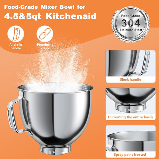 5 QT Stainless Steel Mixer Bowl for KITCHENAID TILT-HEAD 4.5-5 Qt Mixer