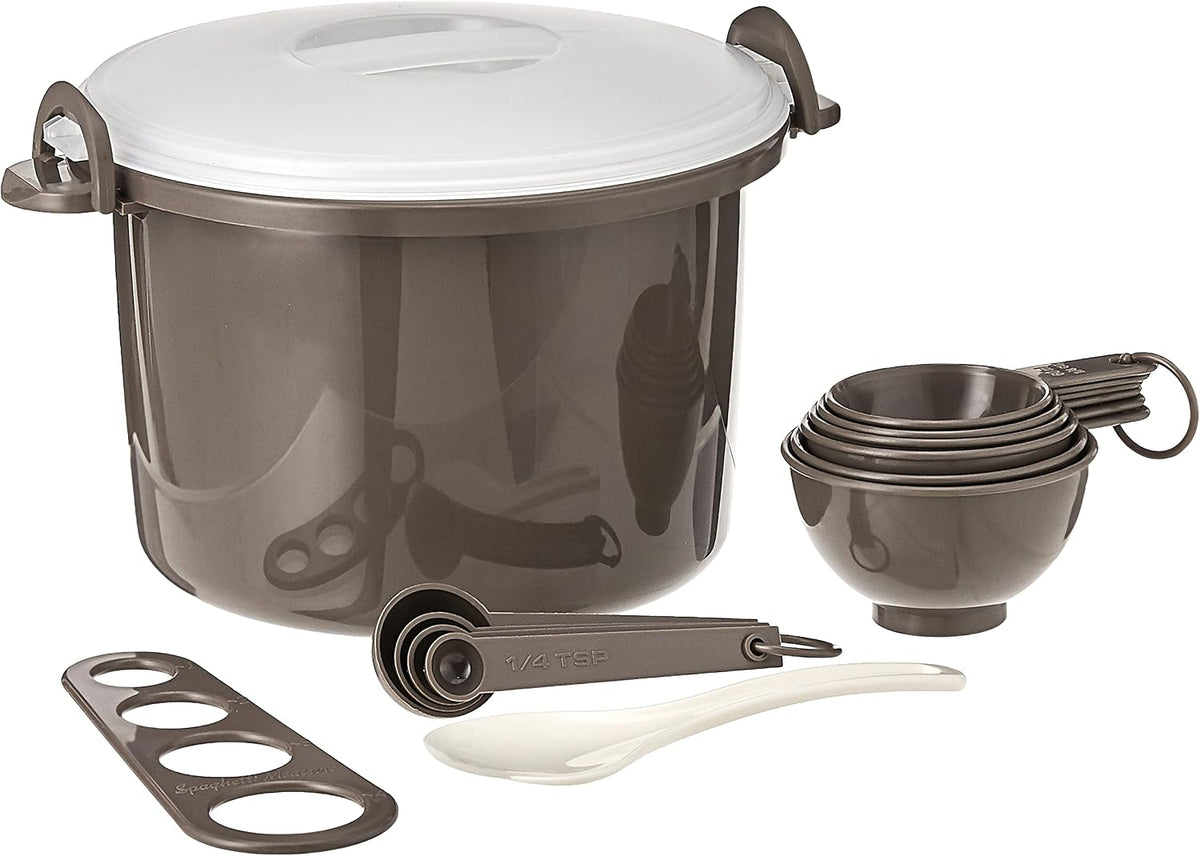 Prep Solutions by Progressive Microwaveable Rice and Pasta Cooker-17 Piece Set Includes Measuring Spoons and Cups, Rice Paddle, Steaming Insert, Pasta Measurer and Locking Lid-12 Cup Capacity BPA FREE, Gray