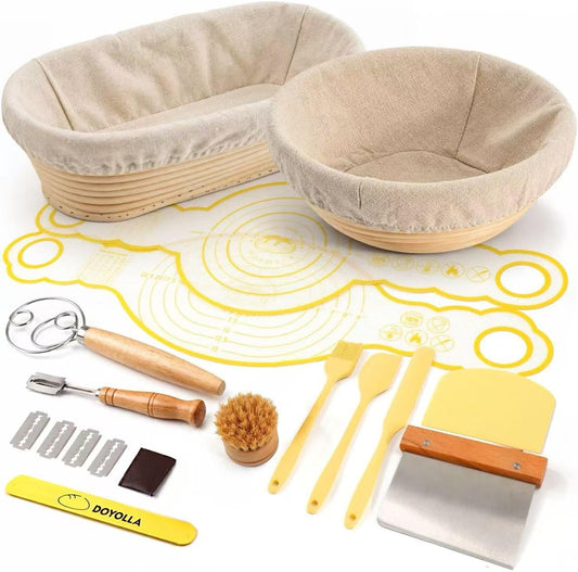 DOYOLLA Bread Proofing Baskets Set, 10 inch Oval & 8.5 inch Round Sour Dough Proofing Bowls w/Tools for Sourdough Bread Baking Supplies, Baking Gifts, Bread Making Kit