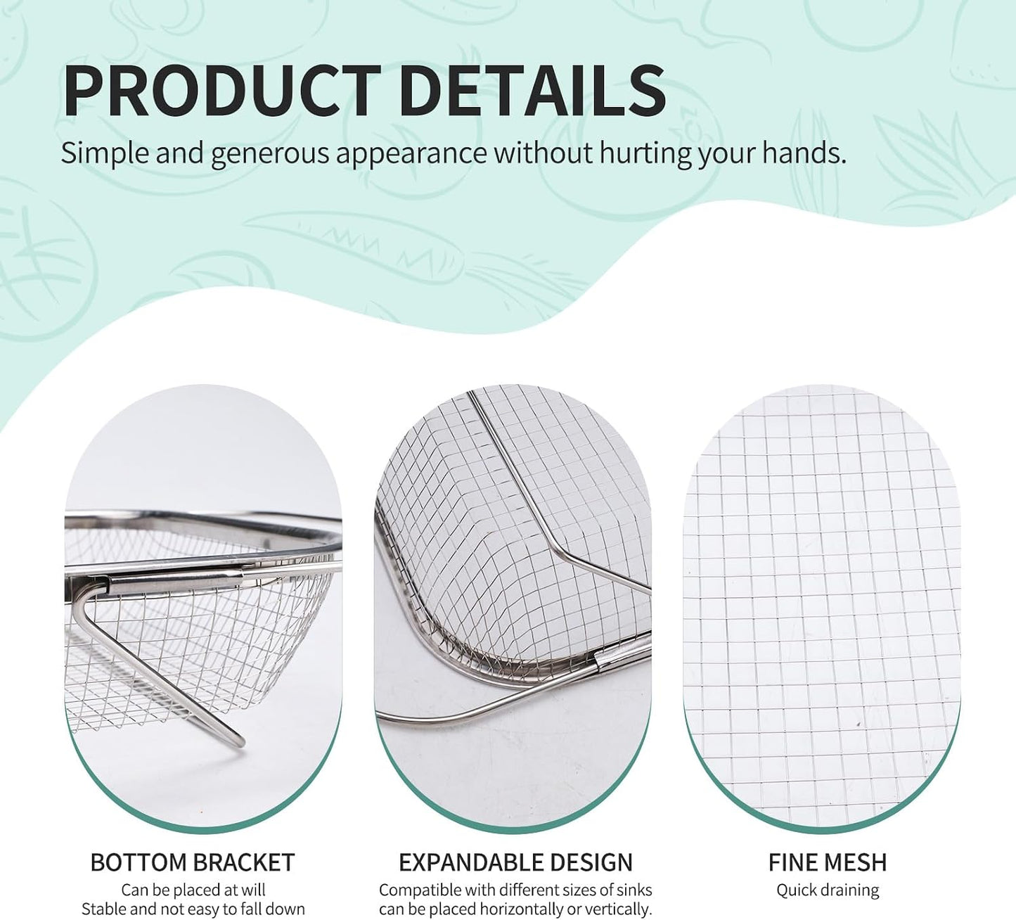 3PCS Stainless Steel Over Sink Colander, Expandable Over the Sink Strainer, Sink Colander for Kitchen Sink, Multipurpose Drain Basket, Sink Accessories,.Kitchen Utensils (3 Sizes)
