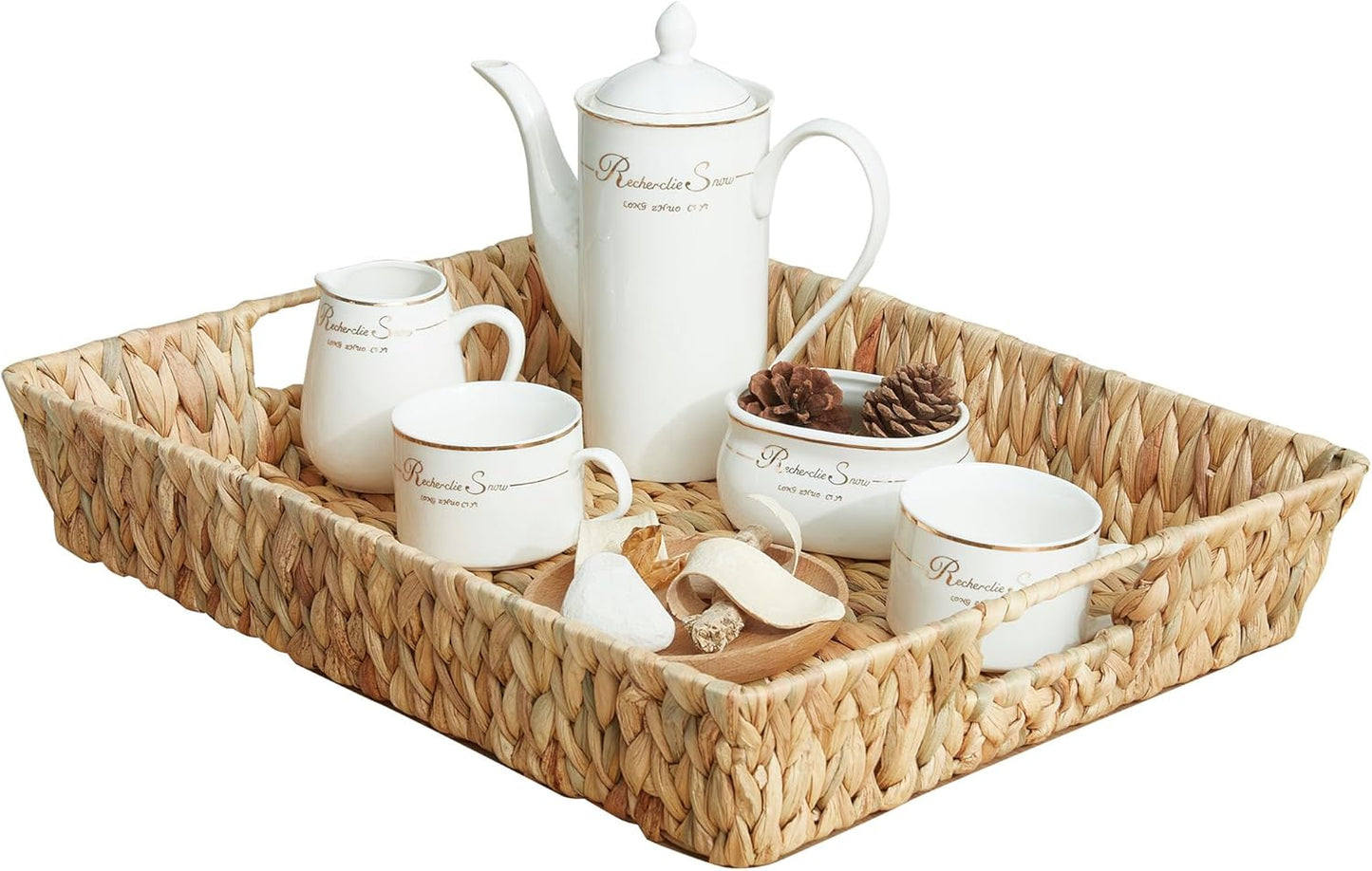 CROS Water Hyacinth Wicker Serving Tray with Handles, Rectangular Coffee Table Tray and Decorative Storage Basket for Home, Kitchen, Living Room, 16.93" x 13" x 3.15"