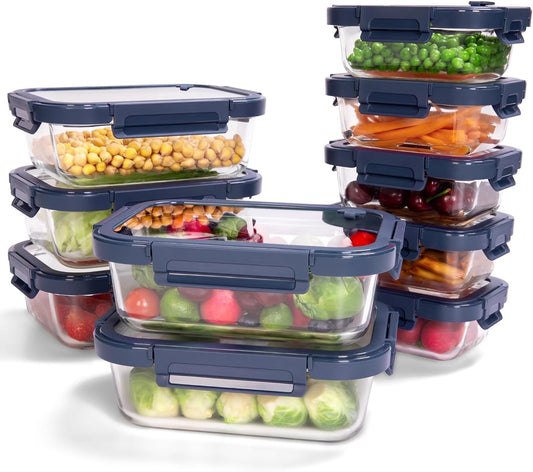 10-Pack Glass Food Storage Containers with Tempered Lids – Borosilicate, Airtight, Oven-Safe (-4°F~950°F), BPA-Free, 4.4 & 1.6 Cup, Leak-Proof, Dishwasher Safe (Blue)