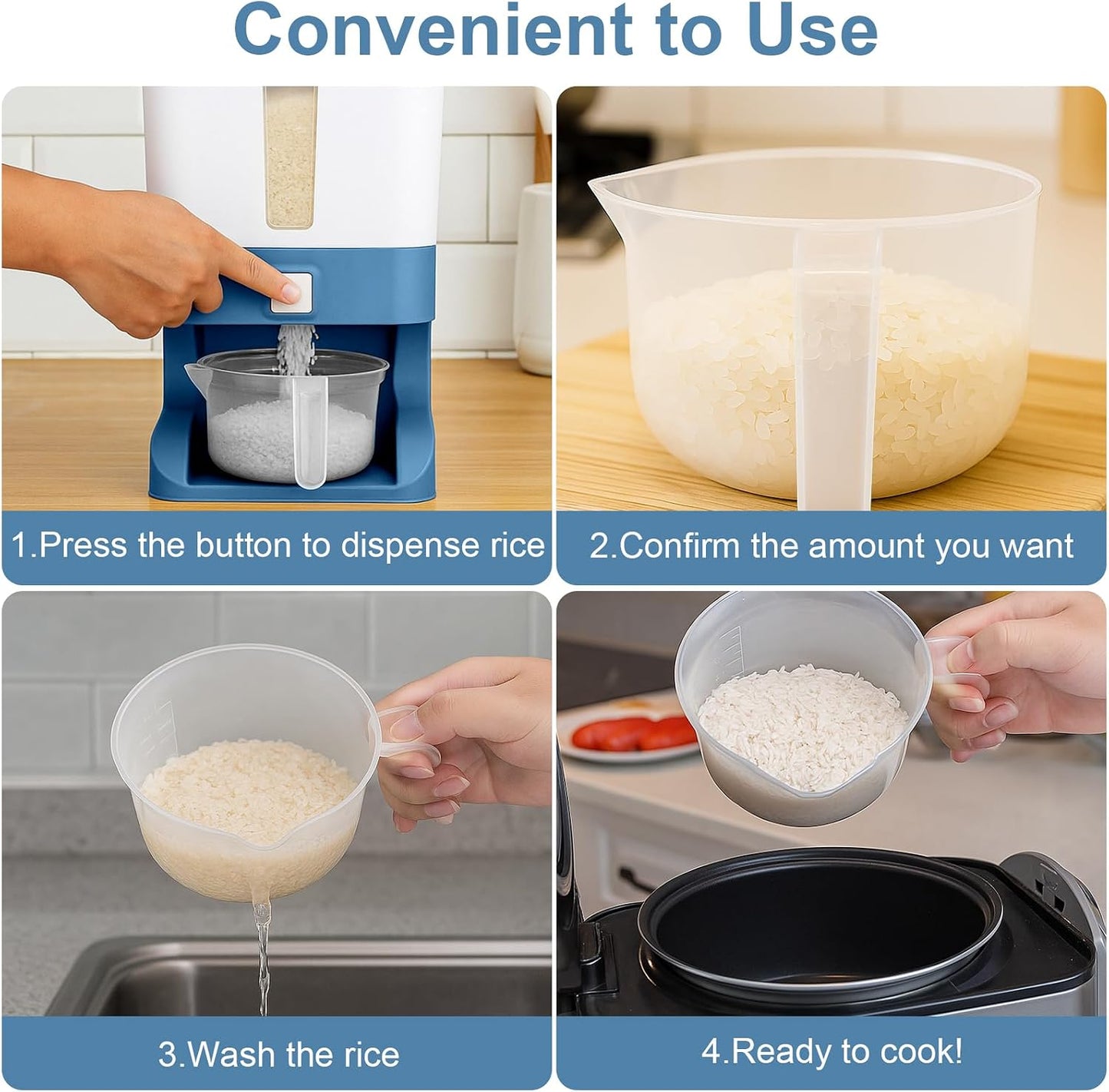 Mity rain Rice Dispenser 20 Lbs with Moisture Absorbing Clay, Rice Storage Container with Measuring Cup, 12 L Cereal Containers Storage Airtight for Kitchen Pantry Organization