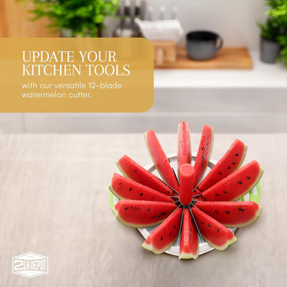 2LB Depot Watermelon Slicer - Versatile Melon Slicer and Fruit Divider with 12-Blade Uniform - Stainless Steel Blades - Easy-to-Use Handheld Cutting Tool - White & Green - 14.56Wx12.59Hx2.75L