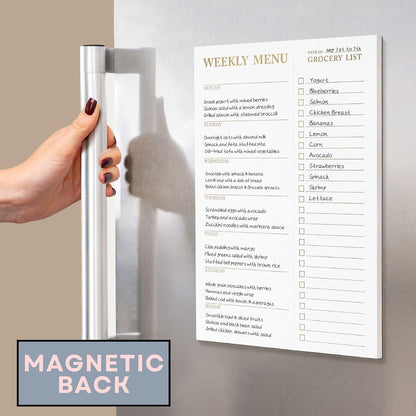 White Magnetic Meal Planner Notepad & Tear Off Weekly Grocery List for Fridge - Grocery Shopping List Notepad – Dinner List for Refrigerator - White and Gold Metalic Planner with 52 Sheets - 7 x 10 Inch