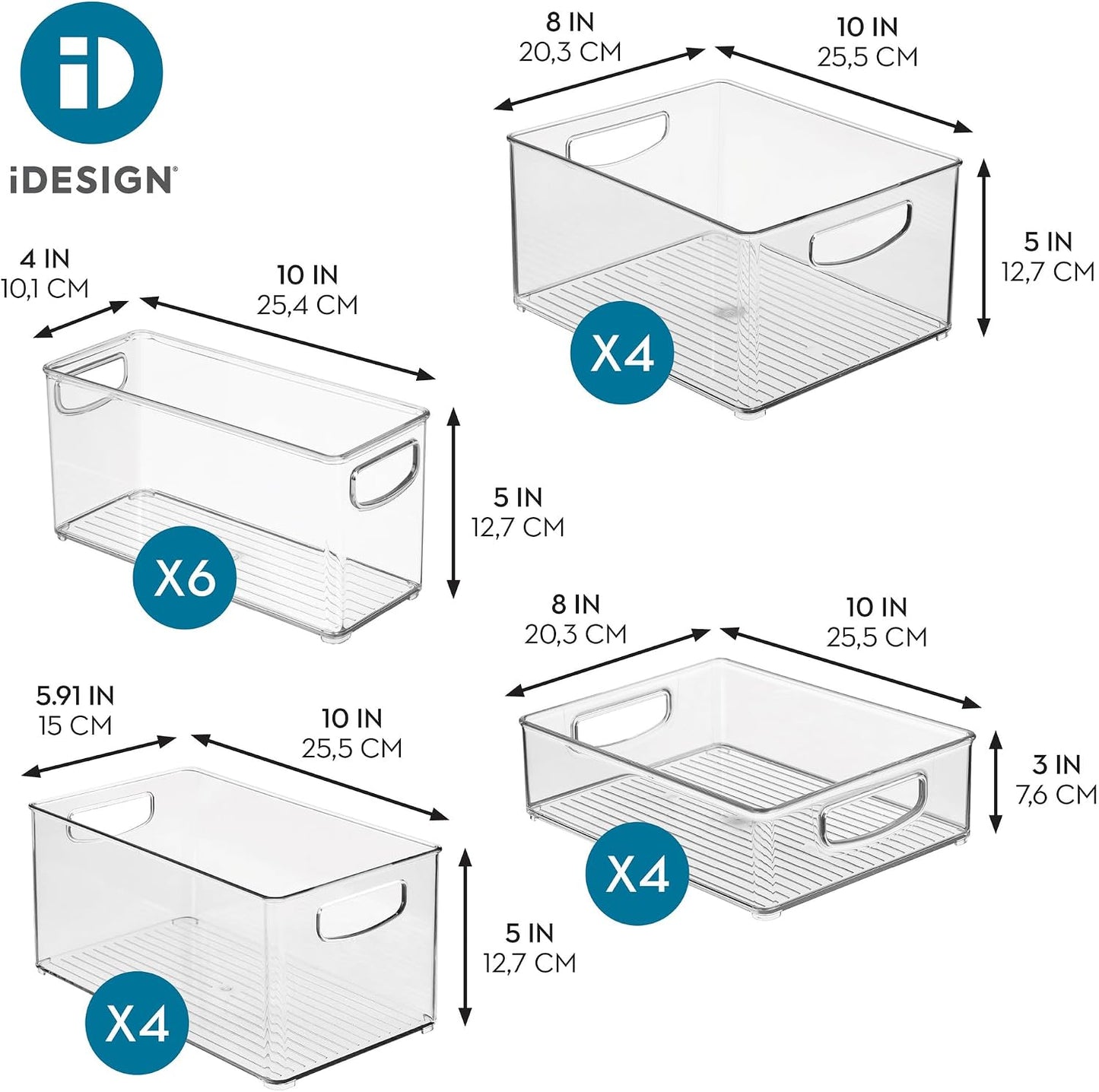 iDesign Plastic Stackable Pantry Bin, Set of 2, Clear | Storage Bin with Handles, For Cabinets or Fridge