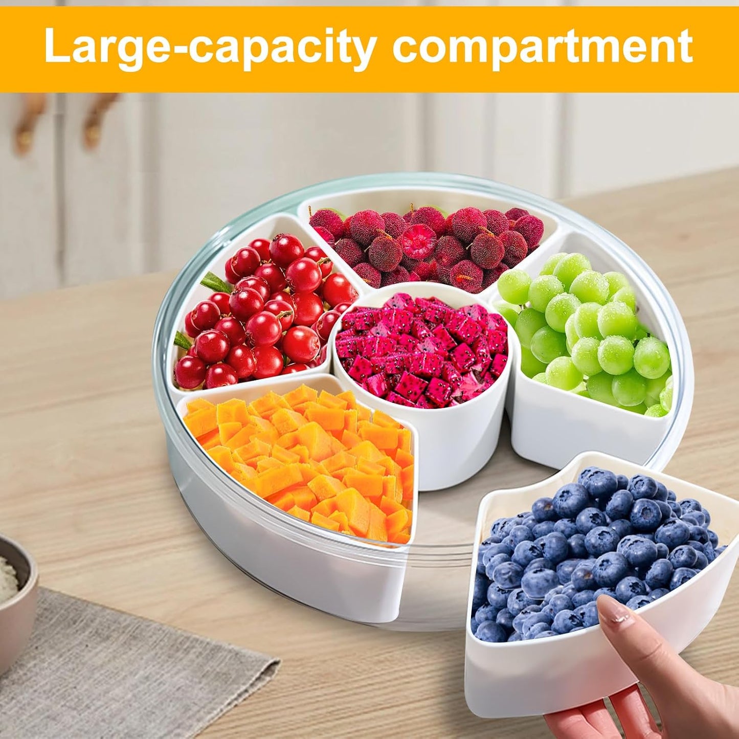 Qivine Veggie Tray with Lid for Fridge, Portable Vegetable Tray with Lid and Dip, 6 Compartments Divided Serving Tray with Lid and Handle, Round Veggie Trays for Serving for Party with 2 Clips