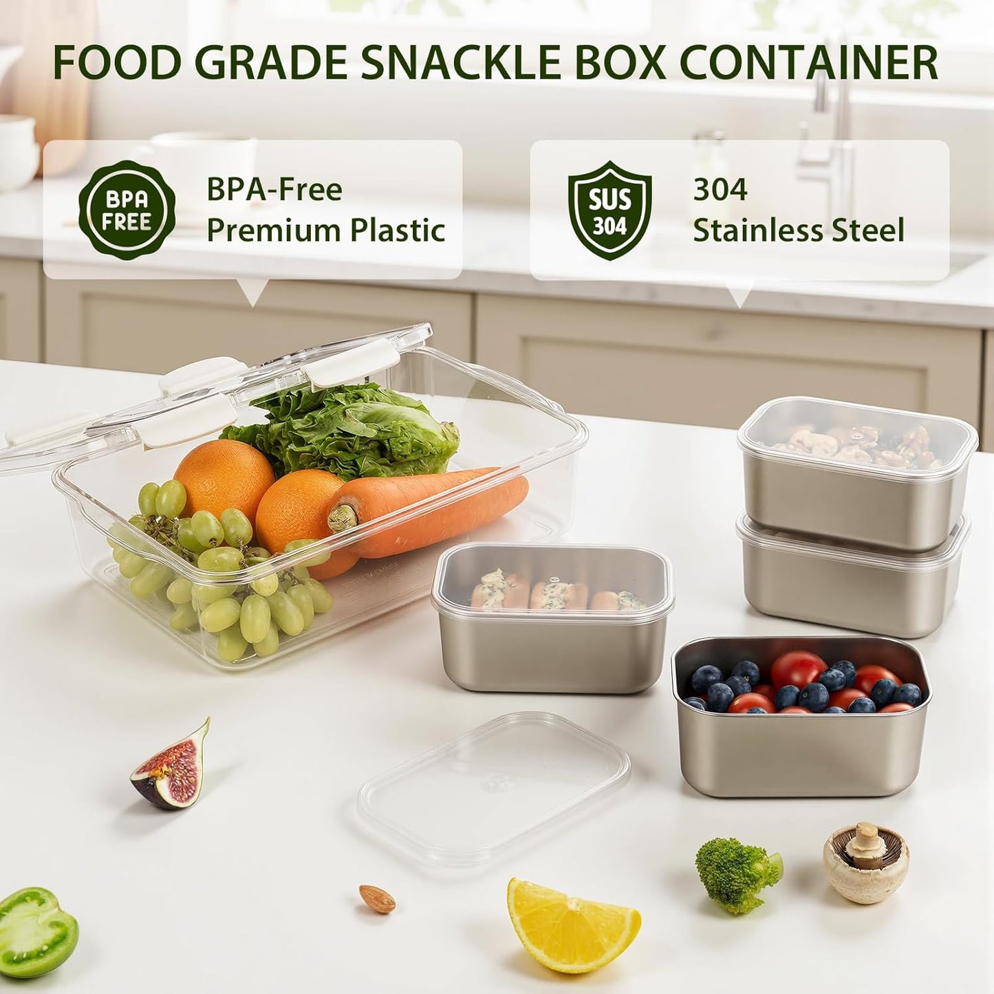Snackle Box Container, Stainless Steel Divided Serving Tray with Lid and Handle, 8 Compartment Portable Snack Platters - Clear Storage Organizer for Fruit Candy Nuts Veggie - Perfect for Travel Party