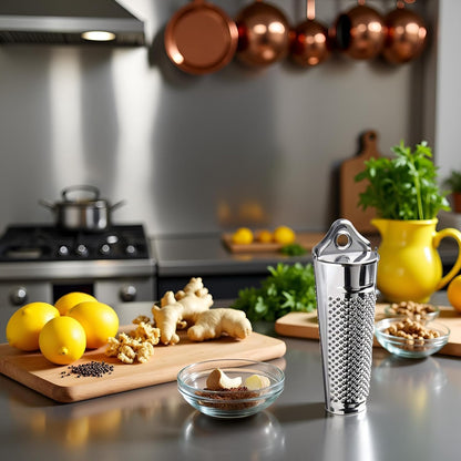 Nutmeg Grater, Stainless Steel Ginger Garlic Hand Held Nutmeg Grinder with Container Planer Lemon Zester Tool for Kitchen Cheese Citrus Fruits Garlic Nut