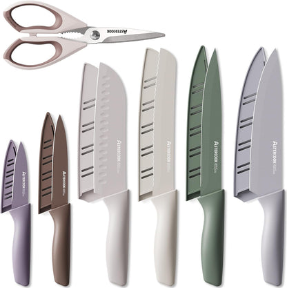 Astercook Knife Set, 13 Pieces Kitchen Knives Set with Healthy Anti-Rust Coating, Dishwasher Safe, Stainless Steel Chef Knife Sets with 6 Blade Guards, Perfect Holiday Gifts for Kitchen