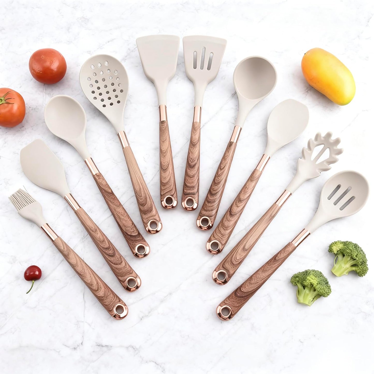 11-Piece Silicone Kitchen Utensil Set with Wooden Handle & Holder – Heat-Resistant, Non-Scratch Cooking Tools for Non-Stick Cookware