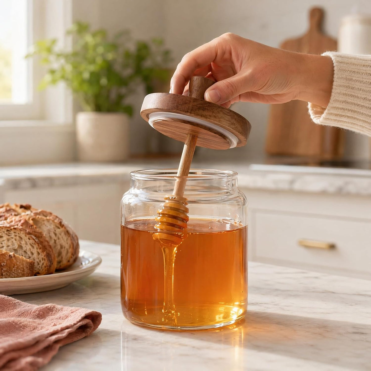 17 oz glass honey jar with wooden dipping spout and lid, sealed honey dispenser, kitchen wide mouthed honey pot, rural glass honey jar with dipping spout stick