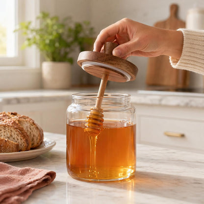 17 oz glass honey jar with wooden dipping spout and lid, sealed honey dispenser, kitchen wide mouthed honey pot, rural glass honey jar with dipping spout stick