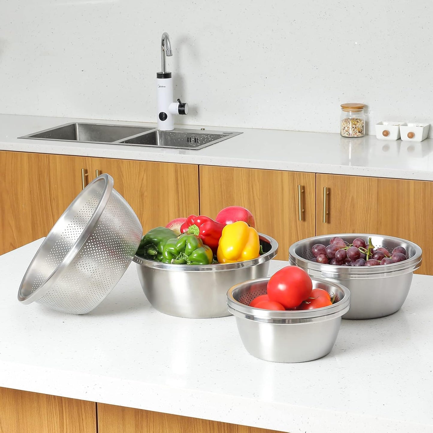 Paoli 304 Stainless Steel Fine Mesh Colander Set, 3.5QT Large Capacity Strainer with Mixing Bowl — Rinse Fruits, Veggies, Rice & Drain Pasta, Dishwasher Safe (2-Piece)