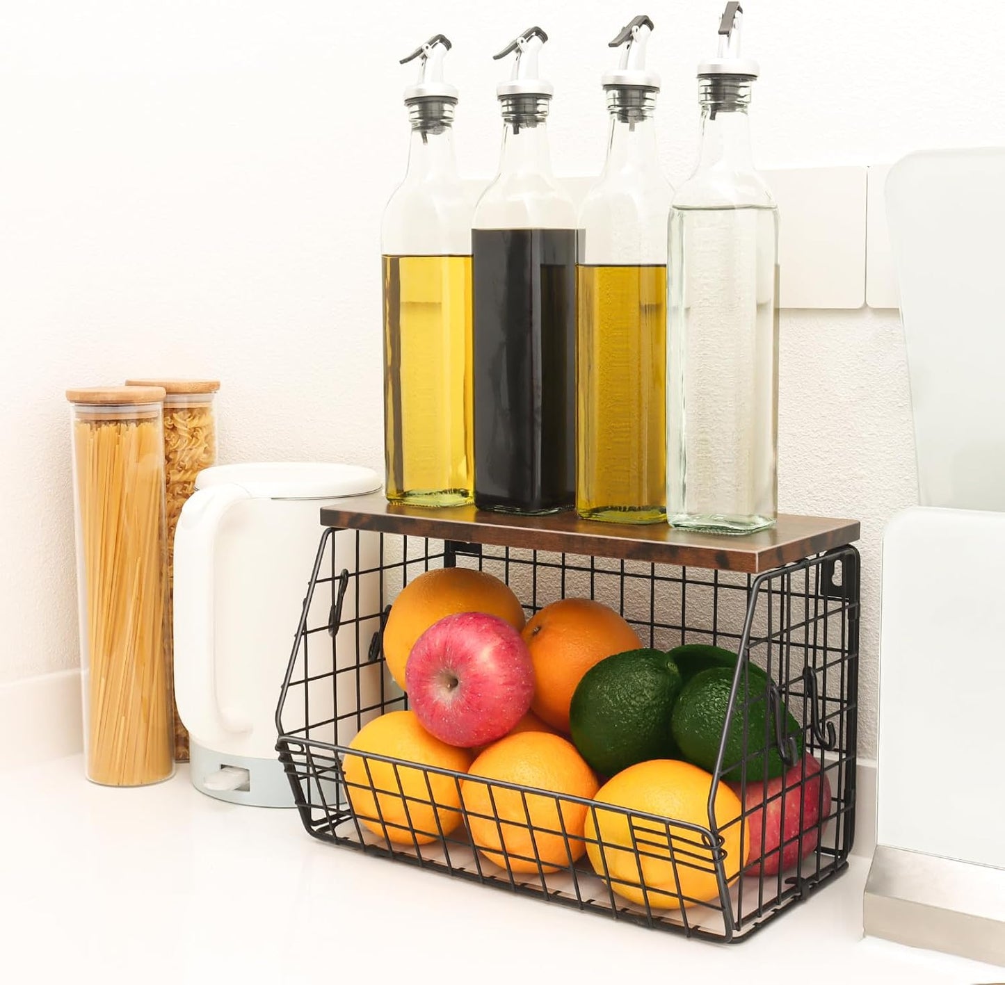 Mefirt Fruit Basket, 2-Tier Fruit Bowl for Kitchen Counter, Stackable Wall Mounted Fruit Storage, Snack Organizer, Potato and Onion Storage Basket, Hanging Pantry Storage with Wood Lid, 2 Set, White