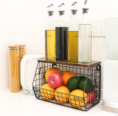 Mefirt Fruit Basket, 2-Tier Fruit Bowl for Kitchen Counter, Stackable Wall Mounted Fruit Storage, Snack Organizer, Potato and Onion Storage Basket, Hanging Pantry Storage with Wood Lid, 2 Set, White