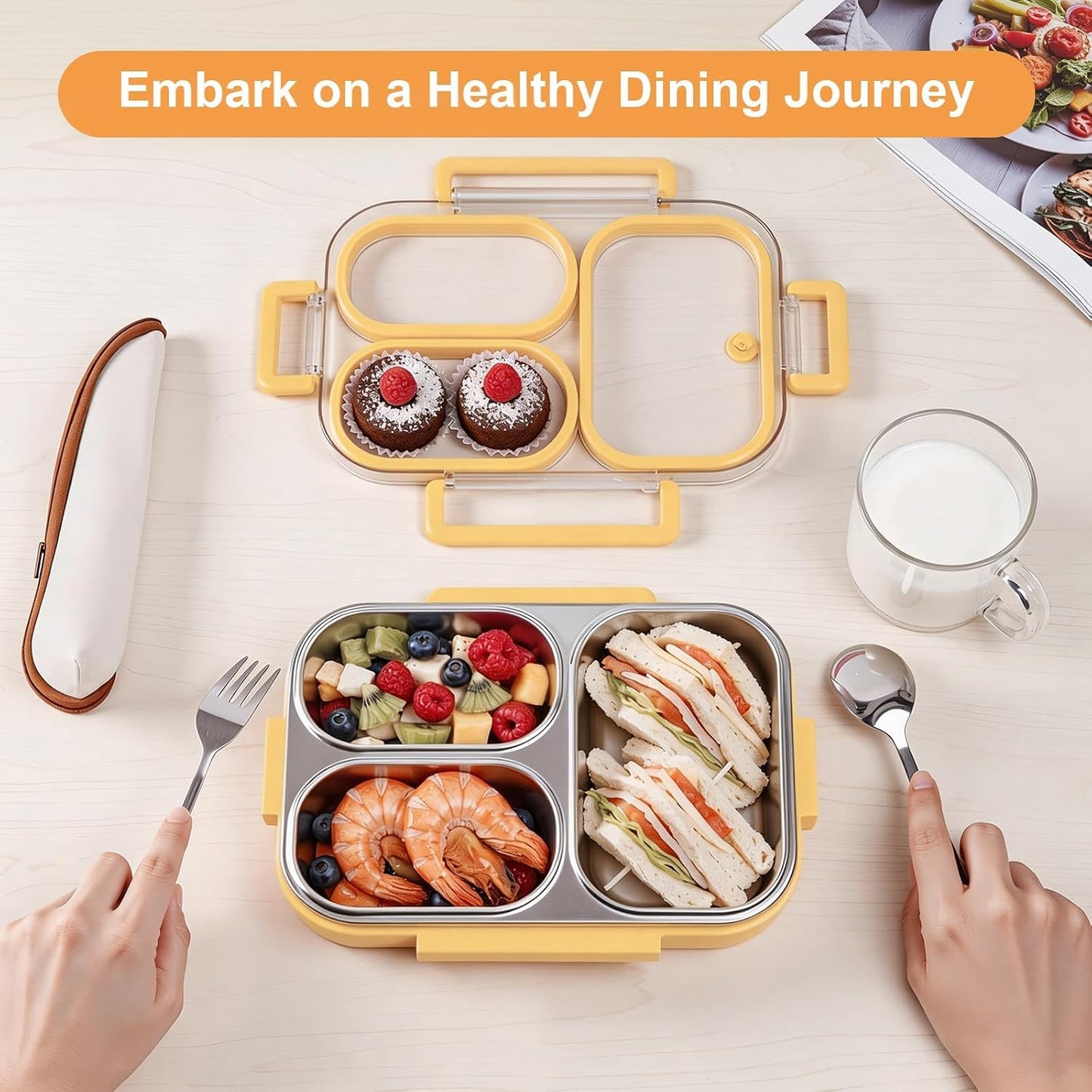 25oz 18/8 Stainless Steel Lunch Box Kit (Bento Box + Fork/Spoon) - 3 Leakproof Compartments - Metal Snack Box for Kids & Adults - School/Office/Travel - Dishwasher Safe (Beige)