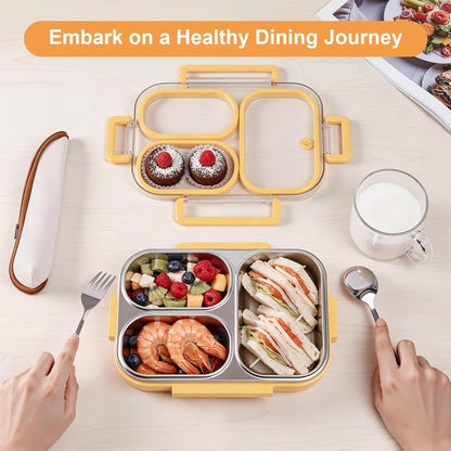 25oz 18/8 Stainless Steel Lunch Box Kit (Bento Box + Fork/Spoon) - 3 Leakproof Compartments - Metal Snack Box for Kids & Adults - School/Office/Travel - Dishwasher Safe (Beige)
