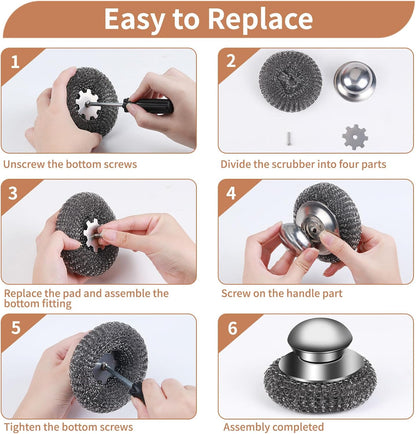 5Pcs Steel Wool Scrubber with Replacement Wire Sponge Pads Set, Stainless Steel Scrubber with Handle for Scouring Stubborn Messes from Cast Iron, Pots, Pans, Grill, Stoves, Sink(1 Scrubber+4 Pads)