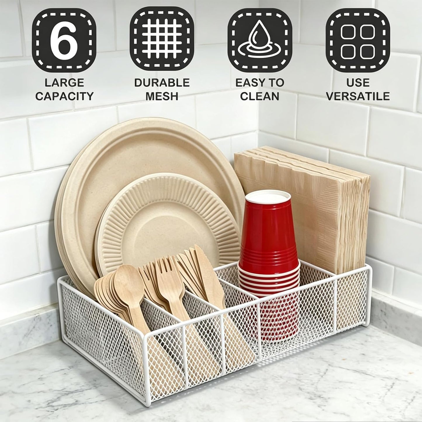 Paper Plate Organizer for Countertop - Metal Utensil Caddy Silverware Holder Cutlery Flatware Plastic Spoon Fork Plates Napkins Cup Storage Dispenser Party Picnic Essentials Camping Supplies
