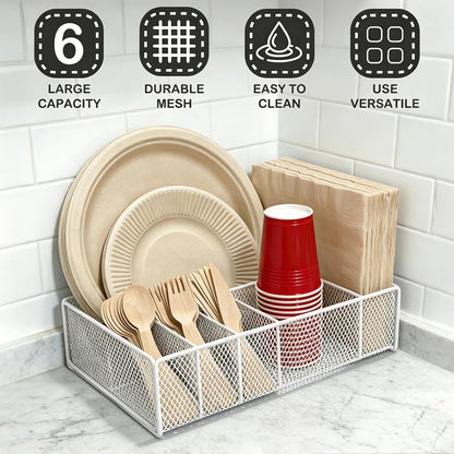 Paper Plate Organizer for Countertop - Metal Utensil Caddy Silverware Holder Cutlery Flatware Plastic Spoon Fork Plates Napkins Cup Storage Dispenser Party Picnic Essentials Camping Supplies
