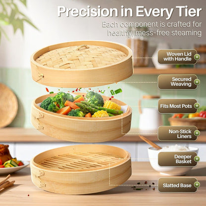 Flexzion Bamboo Steamer Basket Set (8 inch), 50 x Steamer Liners and 2 Pairs of Chopsticks, Steam Baskets for DimSum Dumplings, Rice, Vegetables, Fish and Meat
