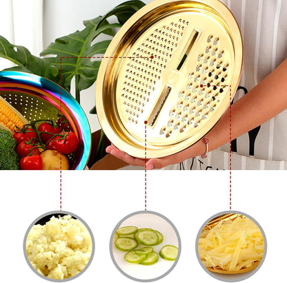 DOCBLACK Colander, 3Pcs Stainless Steel Kitchen Tool 3 in 1 Drain Basket Fruit and Vegetable Cutter Strainer Bowl Set Drain Pot Basket Grater for Fruits Vegetables Rice Washing Mixing - Gold