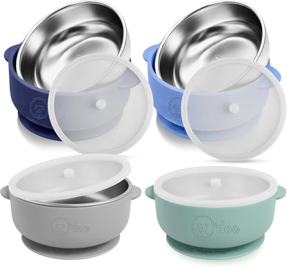 o'doe Suction Bowls for Baby - Non-Toxic Stainless Steel Baby Bowls 5" with Non-Slip Removable Silicone Shell - BPA-Free Toddler Bowls (Dark Blue + Powder Blue + Grey + Green)