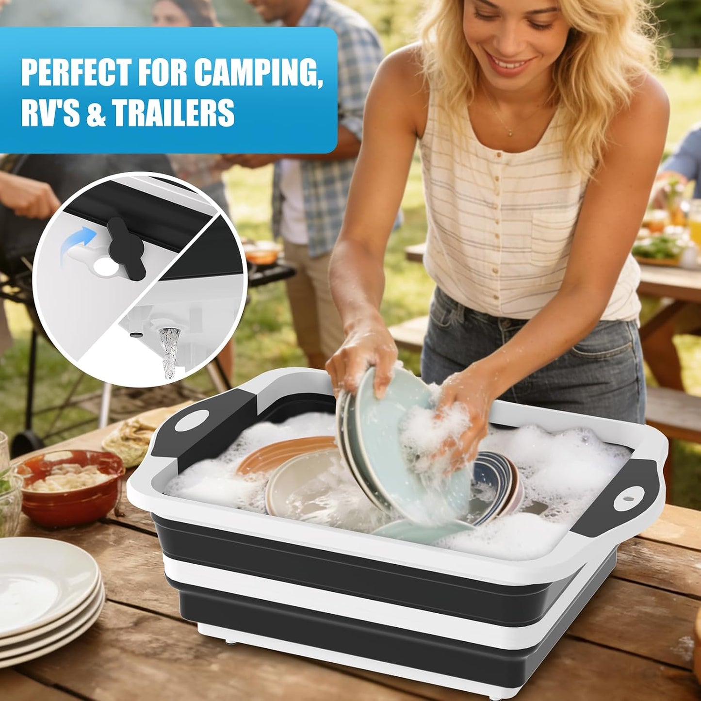 HI NINGER BBQ Prep Tub with Lid, Collapsible Camping Sink with Colander, Cutting Board & Knife Set for Grilling, Smoking & Outdoor Cooking, Collapsible Wash Basin for RV Camping Essentials